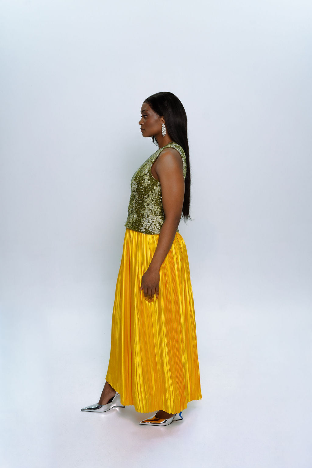 Yellow Pleated High Waist Skirt
