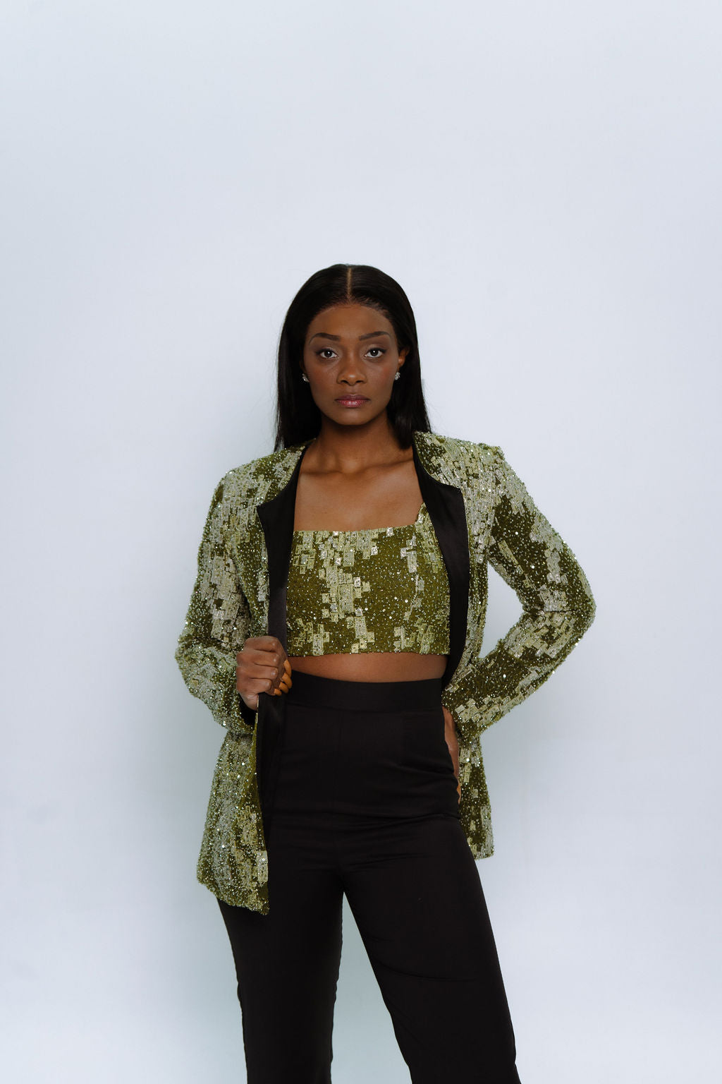 Green Beaded Tulle with Embroidered Squares Crop Top