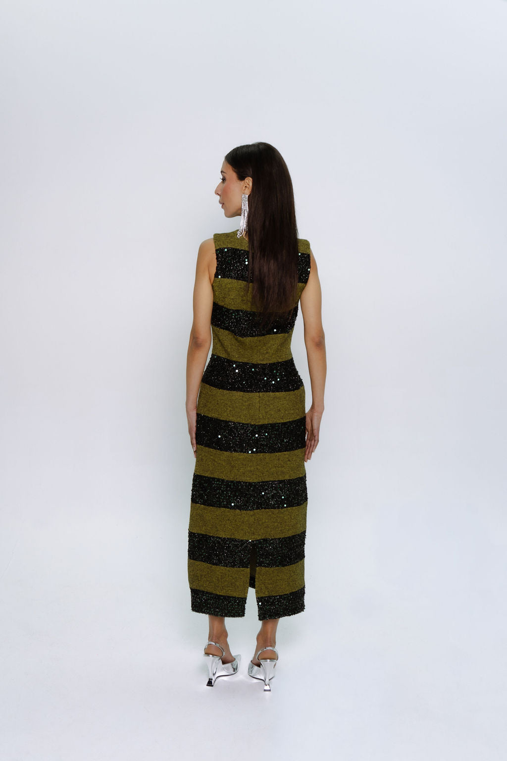 Black & Green Sequin Stripe Sheath Dress