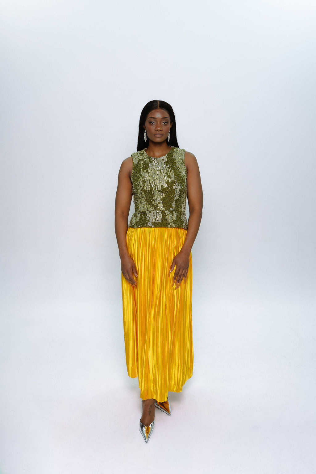 Yellow Pleated High Waist Skirt