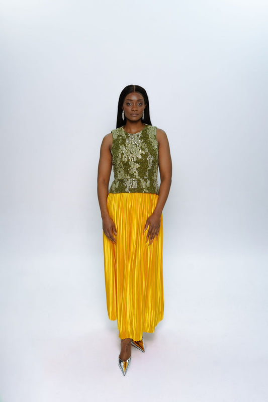 Yellow Pleated High Waist Skirt