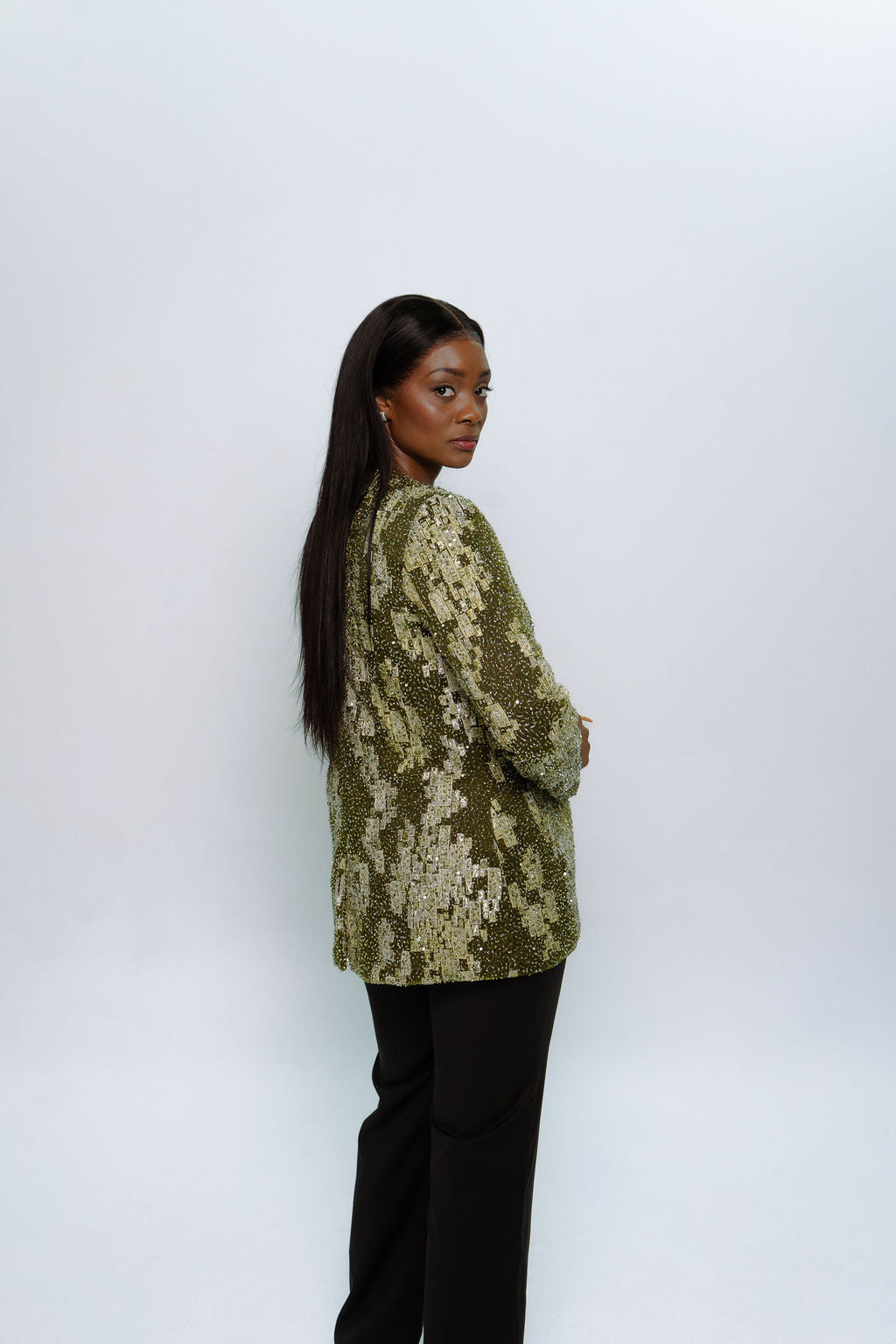 Green Beaded Tulle with Embroidered Squares Jacket