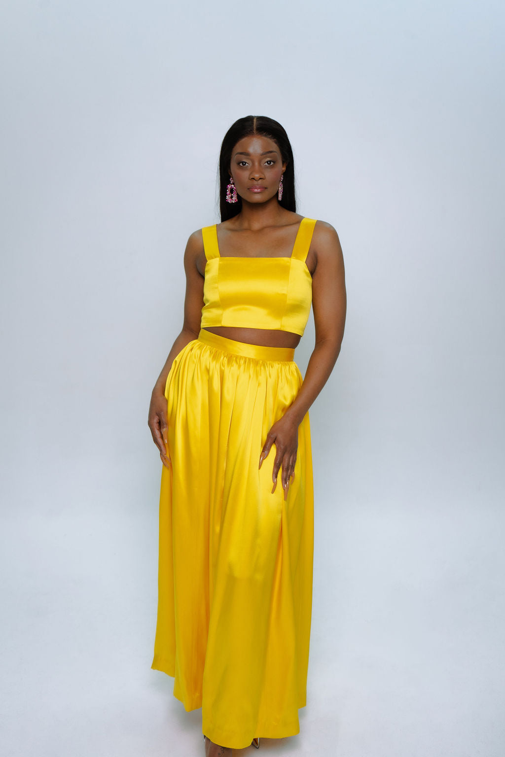 Yellow Satin High Waisted Maxi Skirt