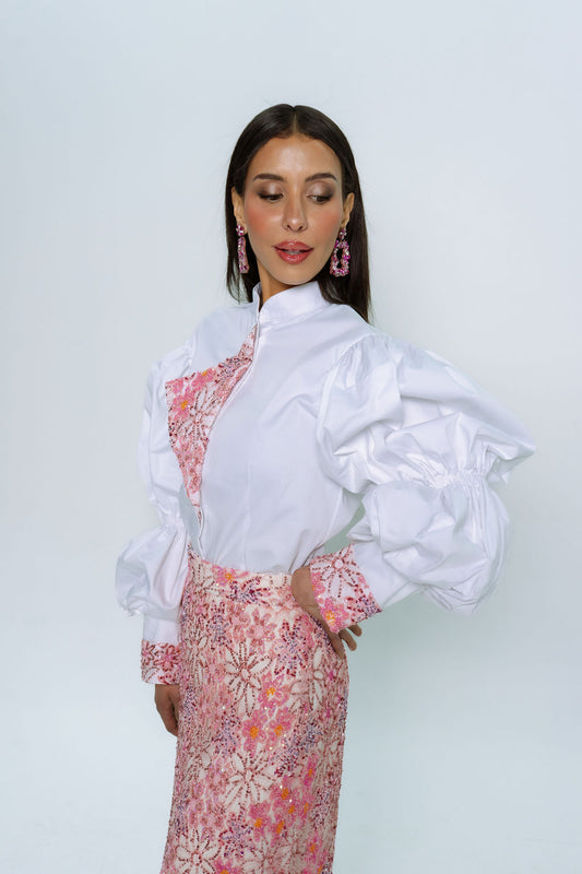 Chantilly Beaded Lace Balloon Sleeve Poplin Top
