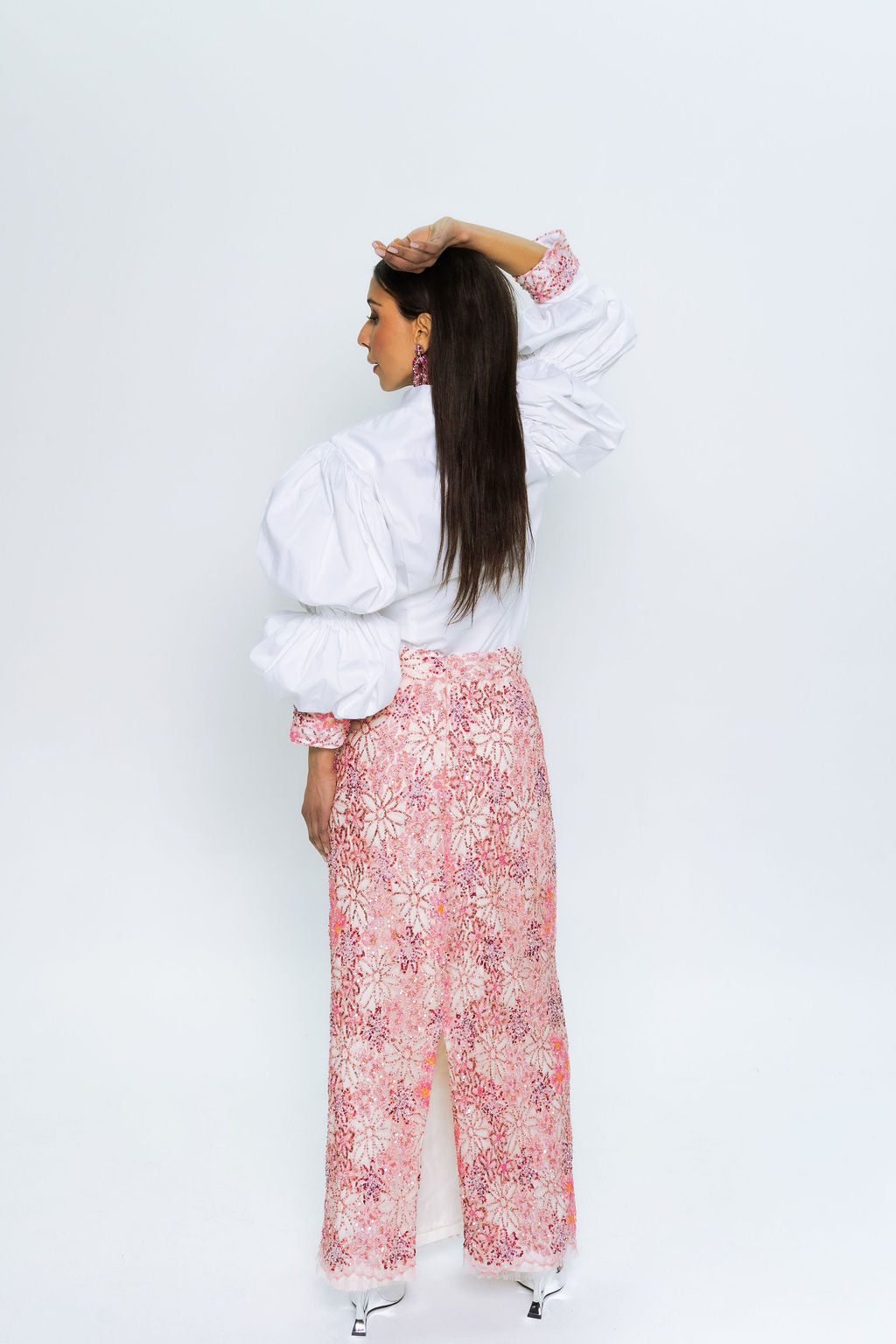 Chantilly Beaded Lace Balloon Sleeve Poplin Top