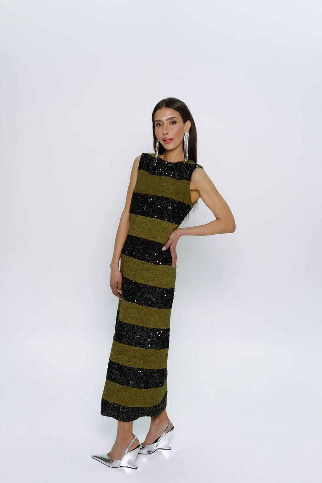 Black & Green Sequin Stripe Sheath Dress
